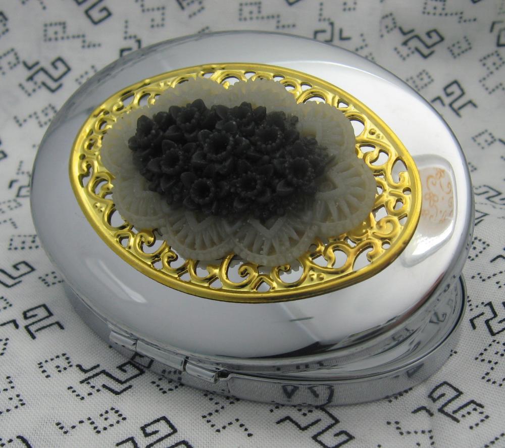 White and Black Floral Bouquet Compact Mirror