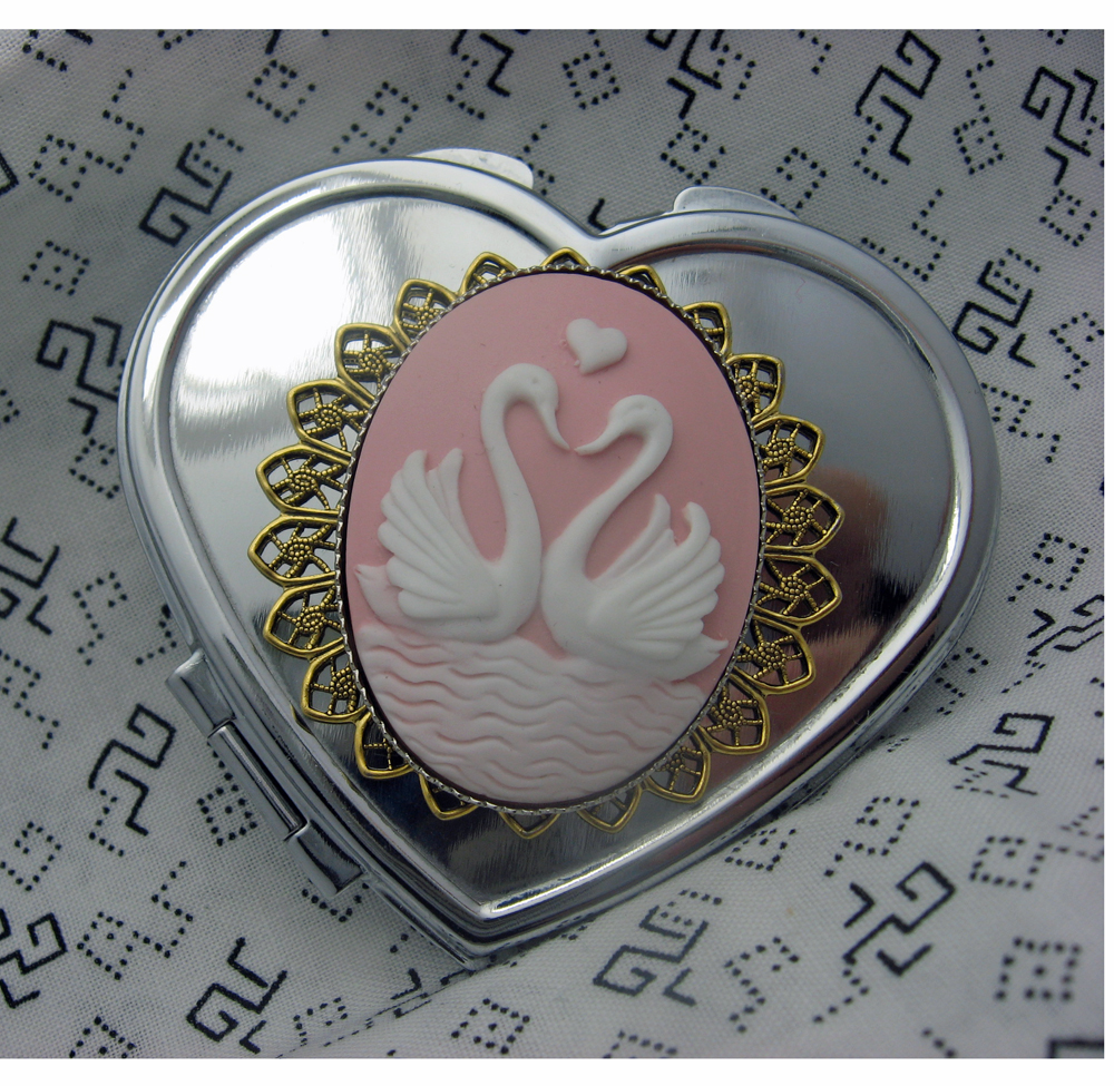 Sweetheart Swans Silver Heart Compact Mirror In Pink