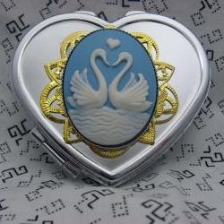 Sweetheart Swans Silver Heart Compact Mirror In Blue