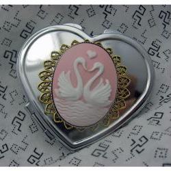 Sweetheart Swans Silver Heart Compact Mirror In Pink